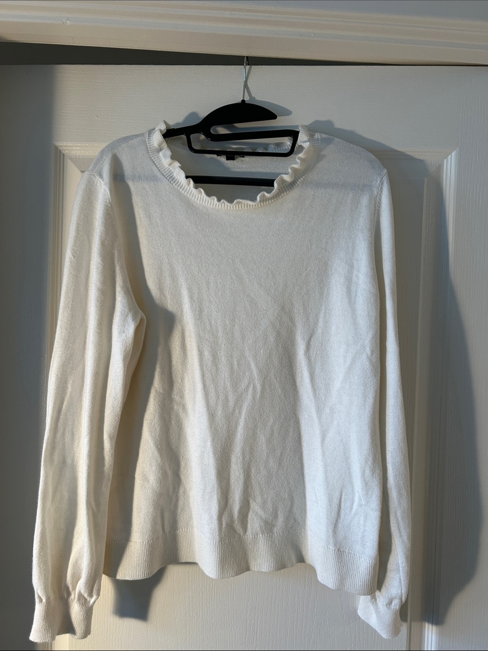 Talbots Women's White Ruffle-Trim Crewneck Sweater in Cotton/Wool Blend
